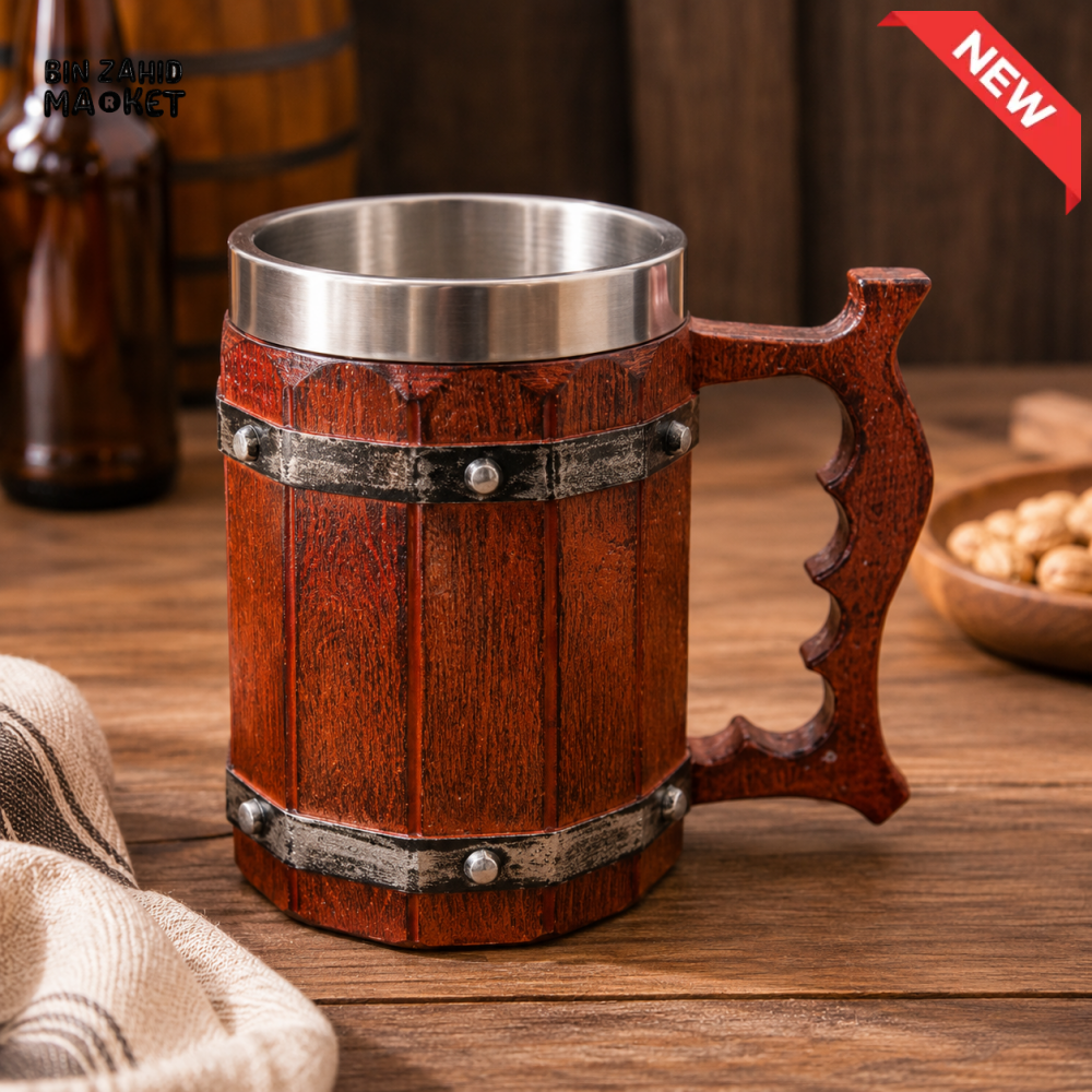 VINTAGE WOODEN STAINLESS STEEL BEER MUG