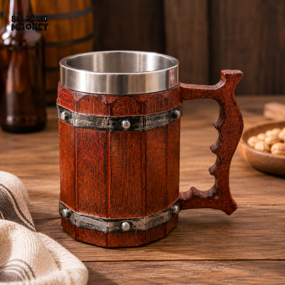 VINTAGE WOODEN STAINLESS STEEL BEER MUG