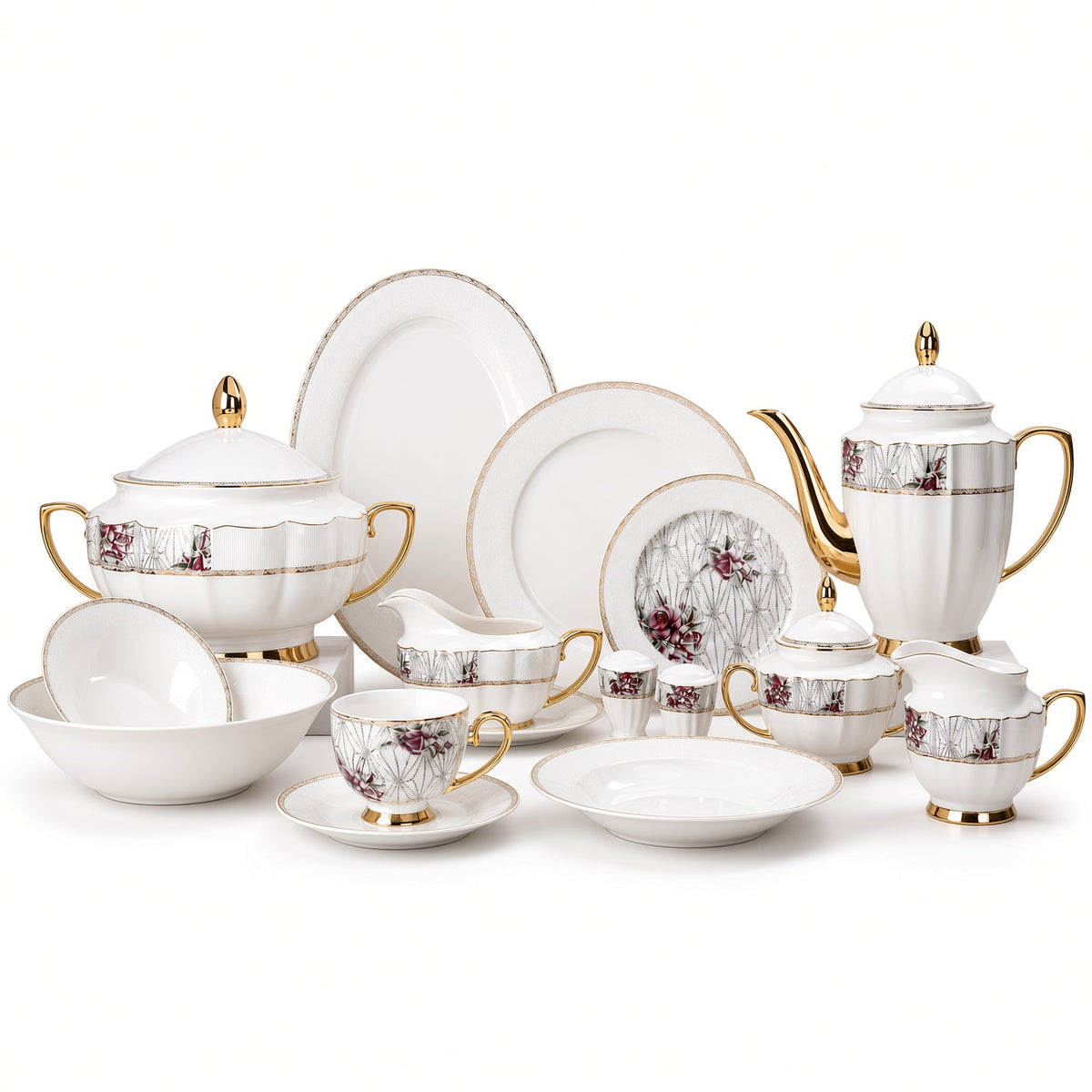Johnson Bros Inspired Burgundy Rose Patterns Bone China Dinner Set