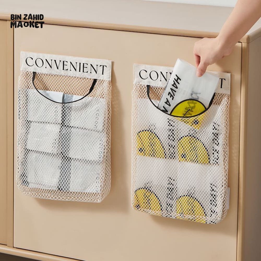 WALL MOUNT MESH STORAGE BAG – GARBAGE BAG HOLDER, PLASTIC SHOPPING BAG DISPENSER NET ORGANIZER FOR GROCERY & SUNDRIES