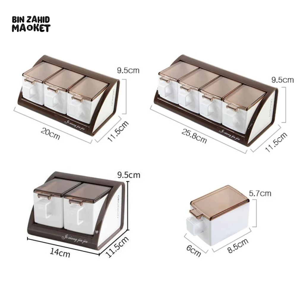 WALL-MOUNTED 4-COMPARTMENT SEASONING POT SET KITCHEN SALT & SPICE STORAGE BOXES