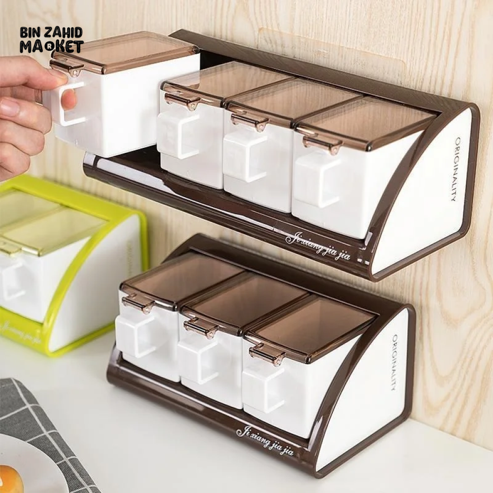 WALL-MOUNTED 4-COMPARTMENT SEASONING POT SET KITCHEN SALT & SPICE STORAGE BOXES