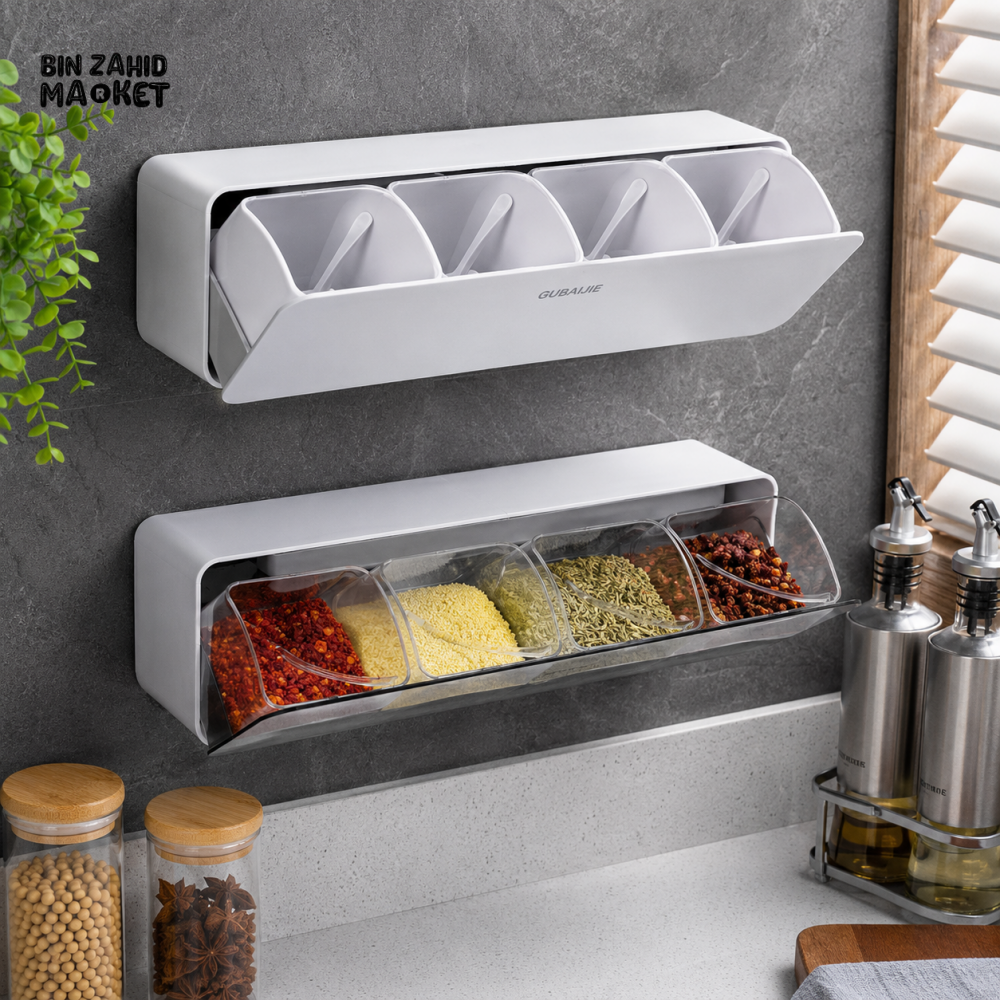 WALL-MOUNTED 4-COMPARTMENT SPICE STORAGE DISPENSER