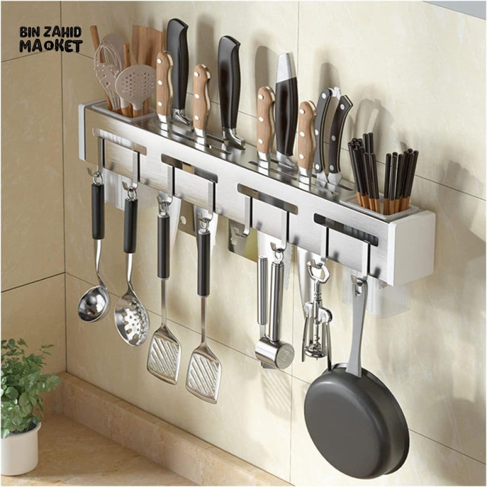 WALL-MOUNTED KITCHEN STORAGE RACK – ALUMINUM SPICE & UTENSIL ORGANIZER HOLDER