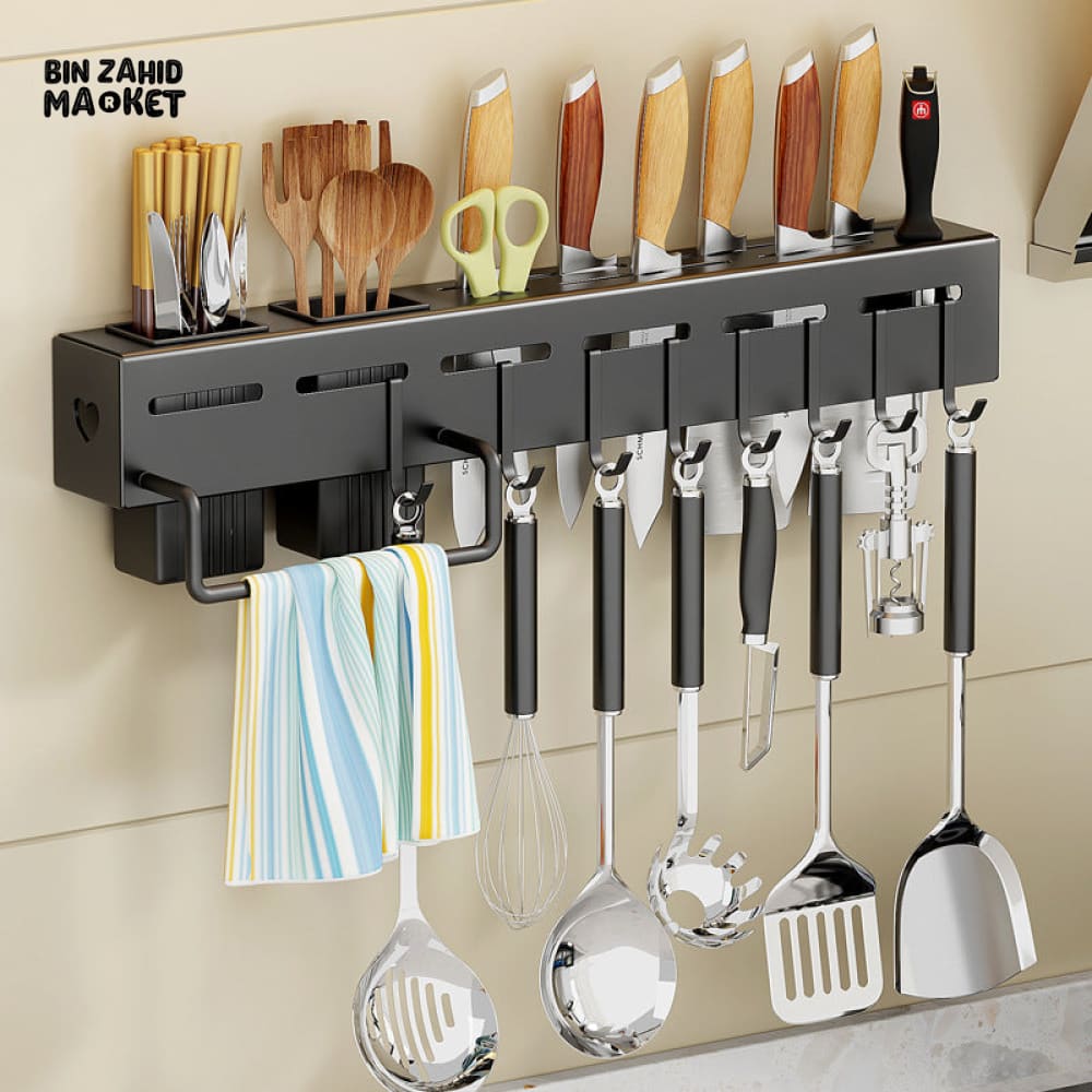 WALL-MOUNTED KITCHEN UTENSIL RACK – MULTI-FUNCTION KNIFE & TOOL HOLDER WITH HOOKS AND STORAGE SLOTS