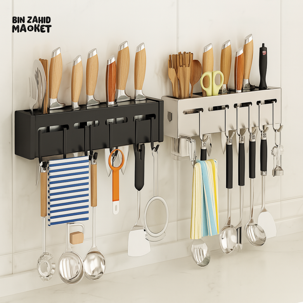 WALL-MOUNTED KITCHEN UTENSIL RACK – MULTI-FUNCTION KNIFE & TOOL HOLDER WITH HOOKS AND STORAGE SLOTS