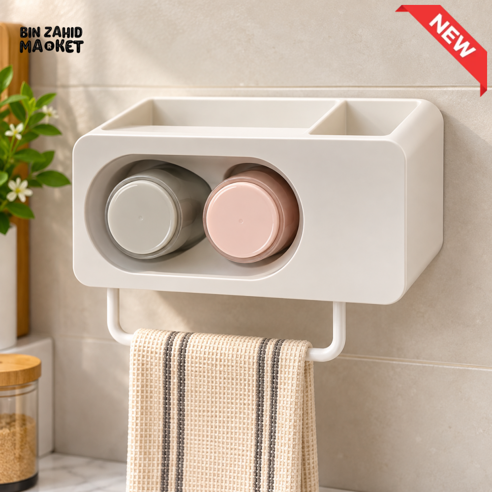 WALL MOUNTED MULTIFUNCTIONAL BATHROOM STORAGE ORGANIZER WITH CUP HOLDERS
