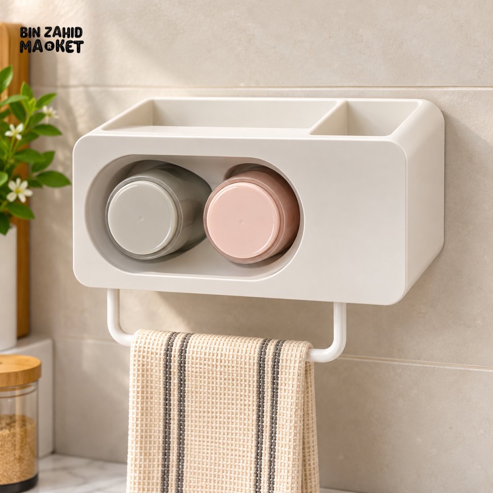 WALL MOUNTED MULTIFUNCTIONAL BATHROOM STORAGE ORGANIZER WITH CUP HOLDERS