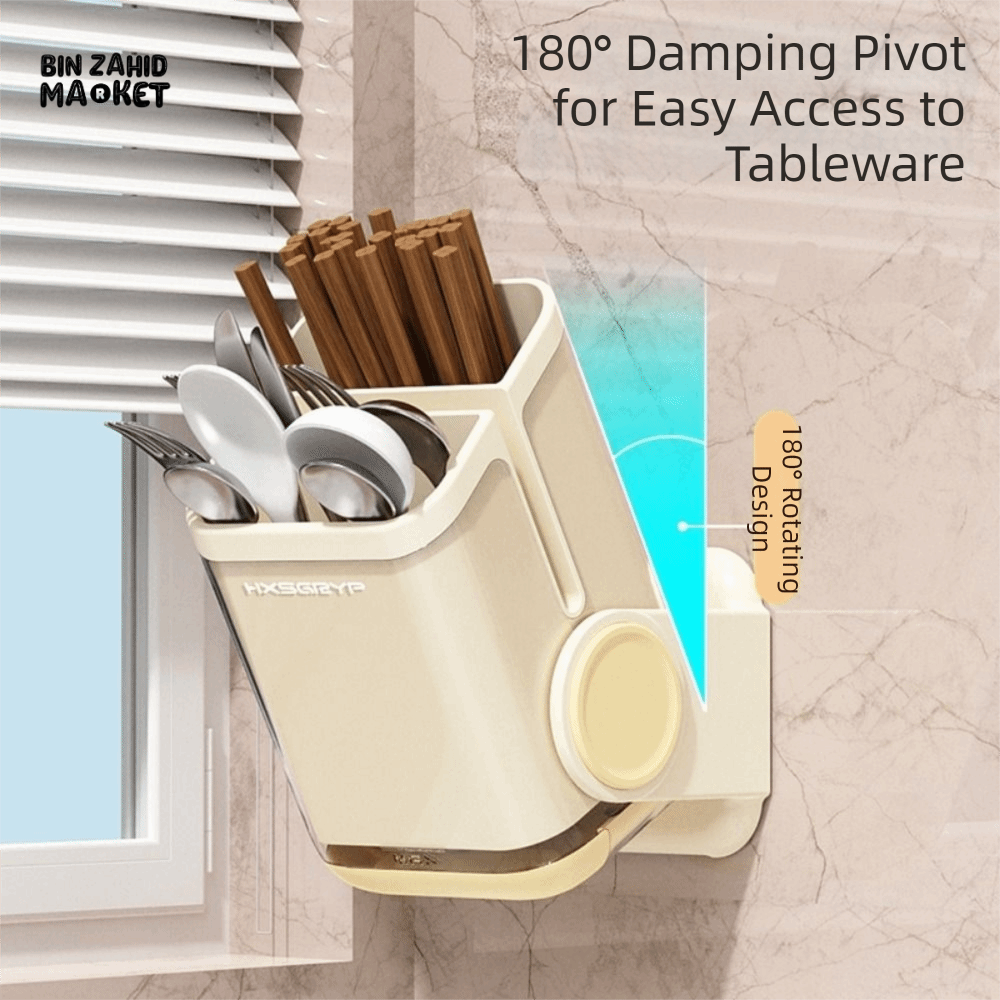WALL-MOUNTED ROTATING CUTLERY HOLDER WITH DRAIN BASKET