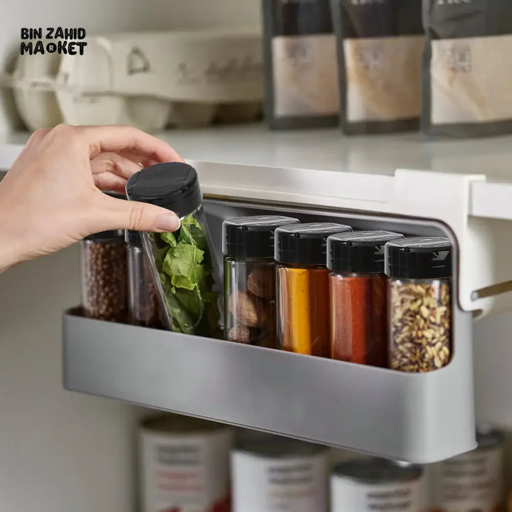 WALL MOUNTED SEASONING BOX – NO DRILL ADJUSTABLE SPICE RACK WITH FREE 6 JARS MULTIFUNCTIONAL CONDIMENT CONTAINER SET