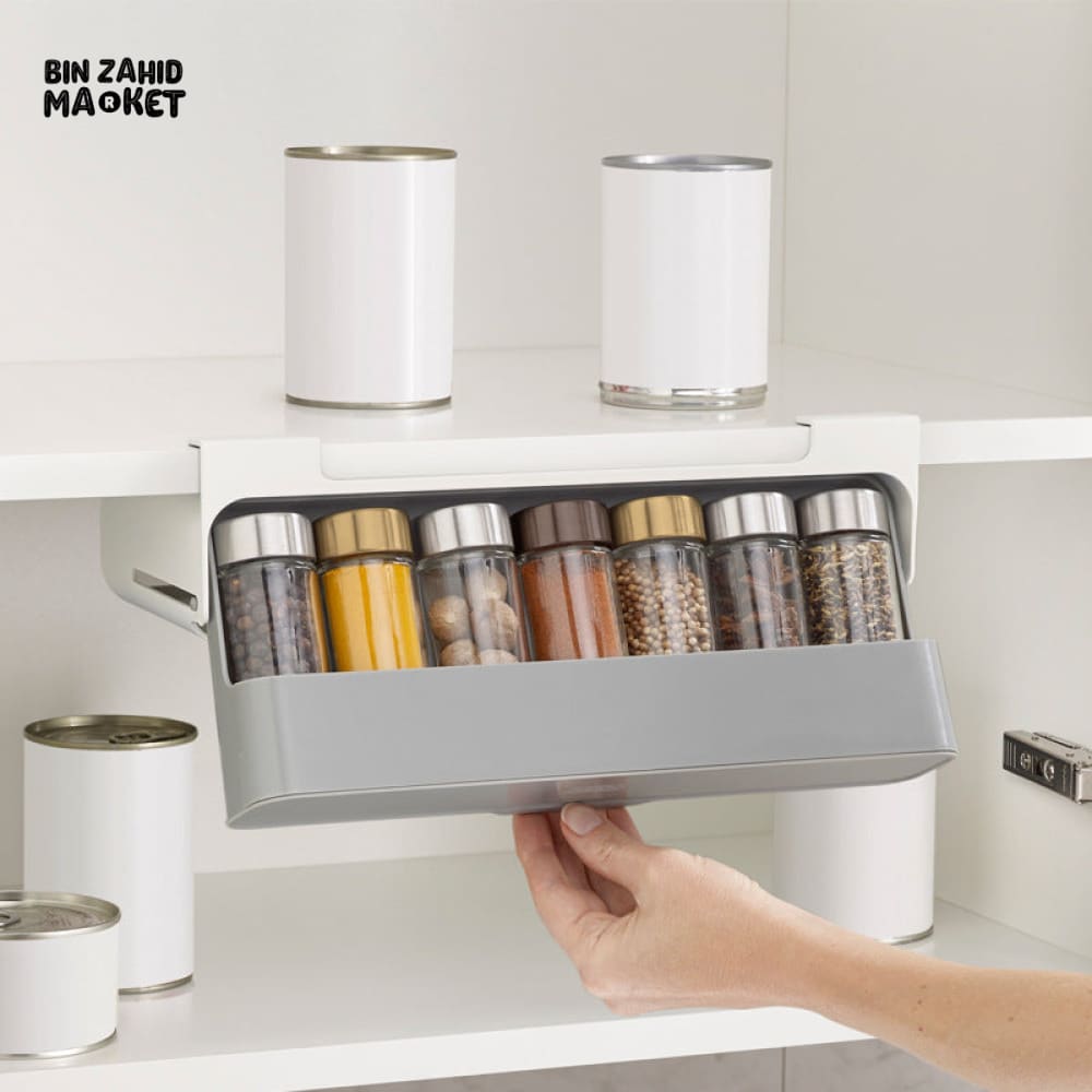 WALL MOUNTED SEASONING BOX – NO DRILL ADJUSTABLE SPICE RACK WITH FREE 6 JARS MULTIFUNCTIONAL CONDIMENT CONTAINER SET