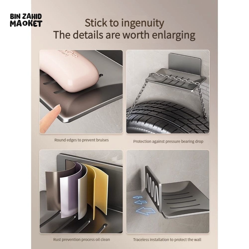 WALL-MOUNTED SOAP DISH WITH DRAIN – NO DRILL ALUMINUM ALLOY BATHROOM ACCESSORIES