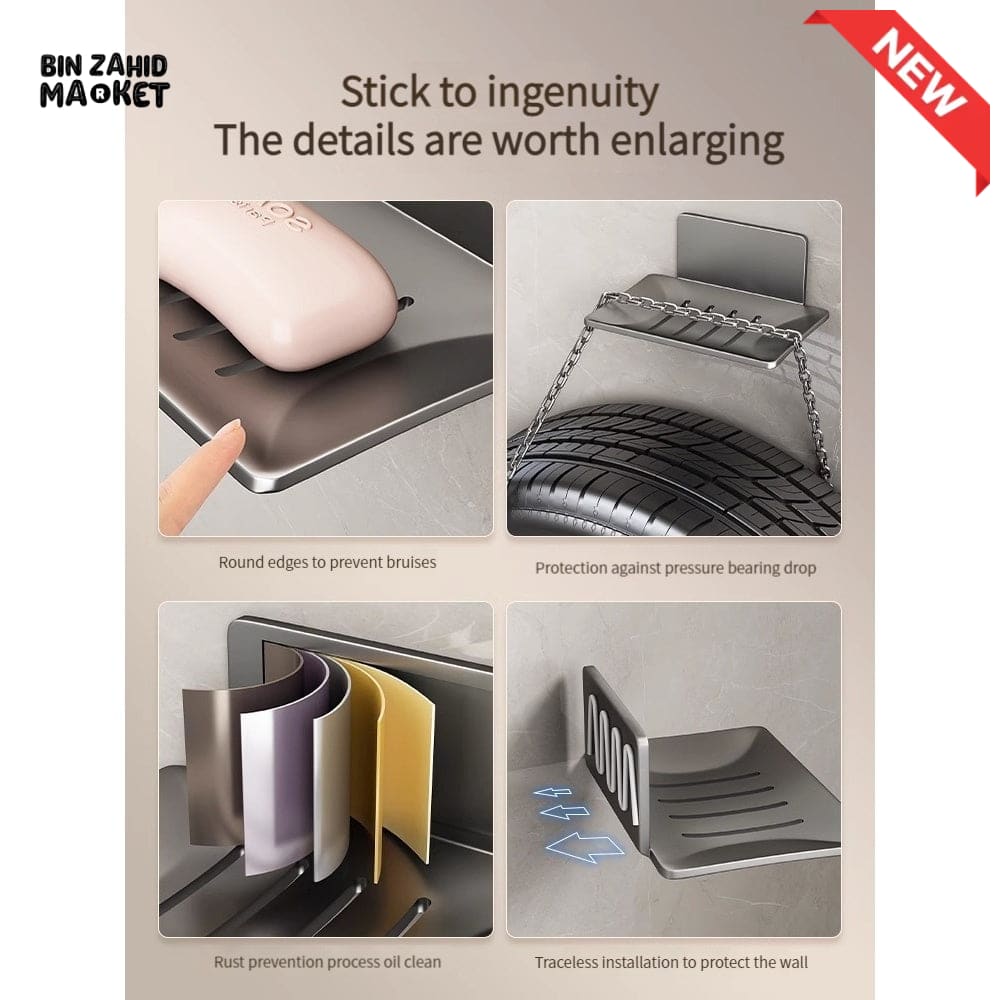 WALL-MOUNTED SOAP DISH WITH DRAIN – NO DRILL ALUMINUM ALLOY BATHROOM ACCESSORIES