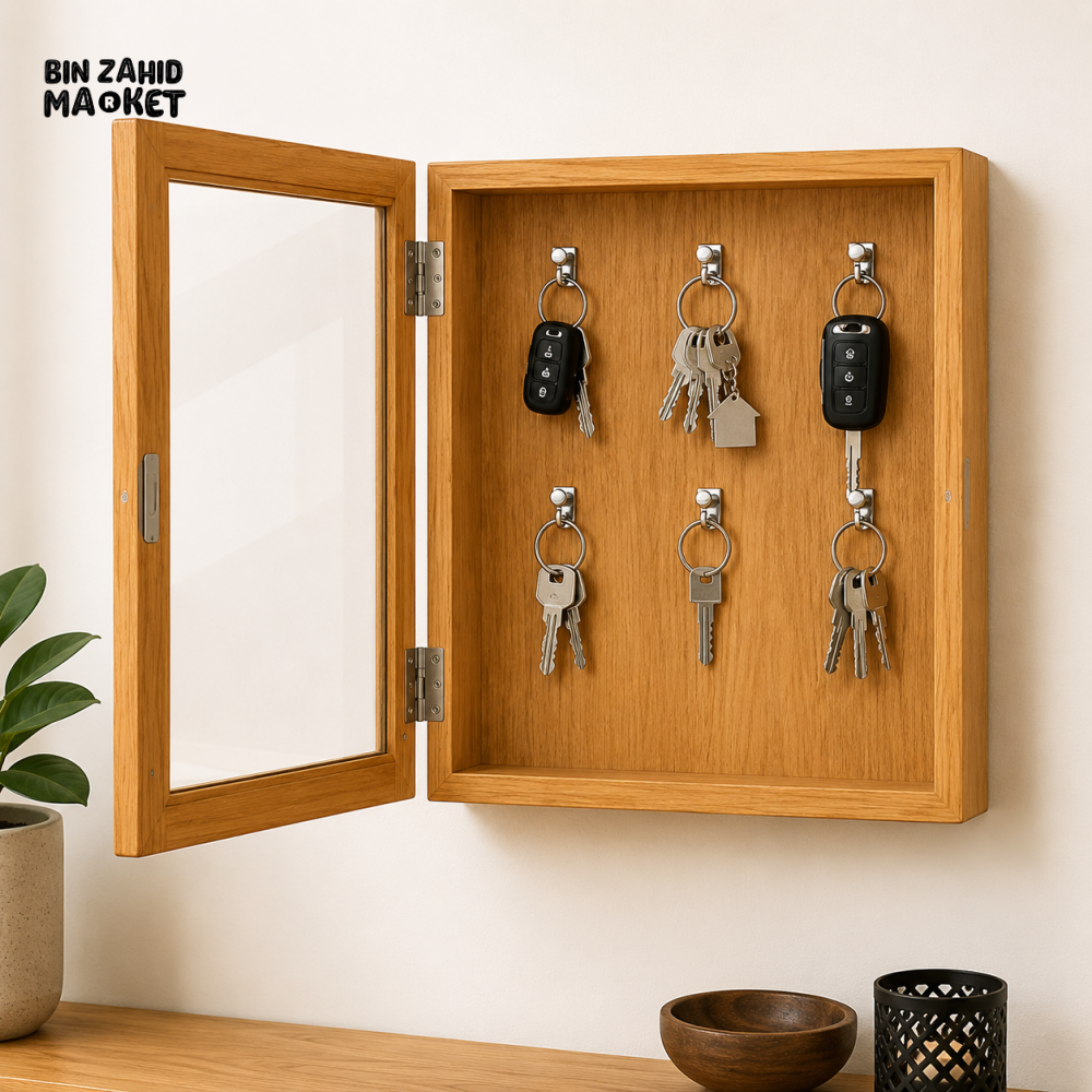 WALL MOUNTED WOODEN KEY HOLDER CABINET WITH GLASS DOOR