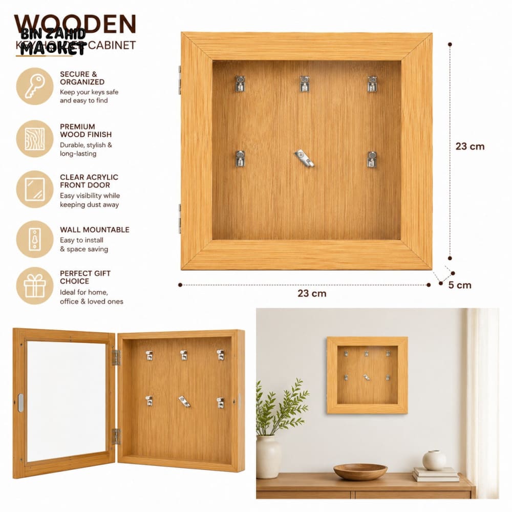 WALL MOUNTED WOODEN KEY HOLDER CABINET WITH GLASS DOOR