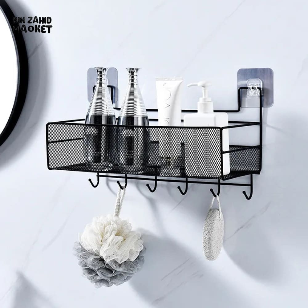 WALL SHELF WITH HOOKS - MESHED WALL SHELF Black