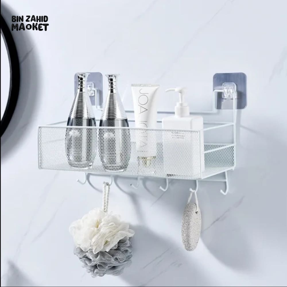 WALL SHELF WITH HOOKS - MESHED WALL SHELF White
