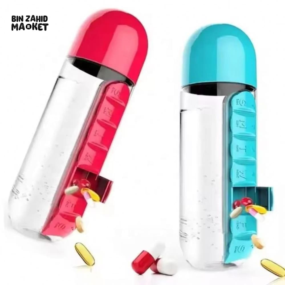 WATER BOTTLE WITH WEEKLY PILL ORGANIZER AND DETACHABLE CUP – 2 IN 1 TRAVEL MEDICINE STORAGE CONTAINER