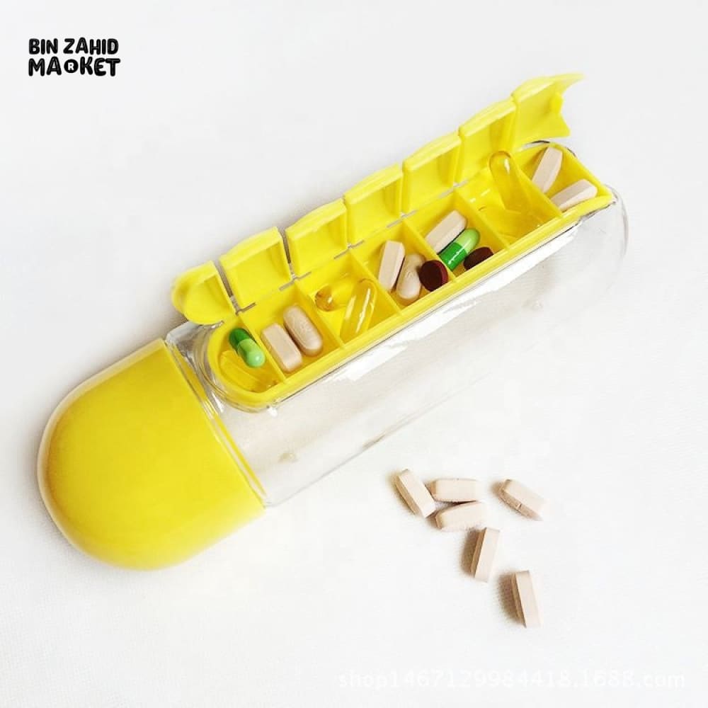 WATER BOTTLE WITH WEEKLY PILL ORGANIZER AND DETACHABLE CUP – 2 IN 1 TRAVEL MEDICINE STORAGE CONTAINER