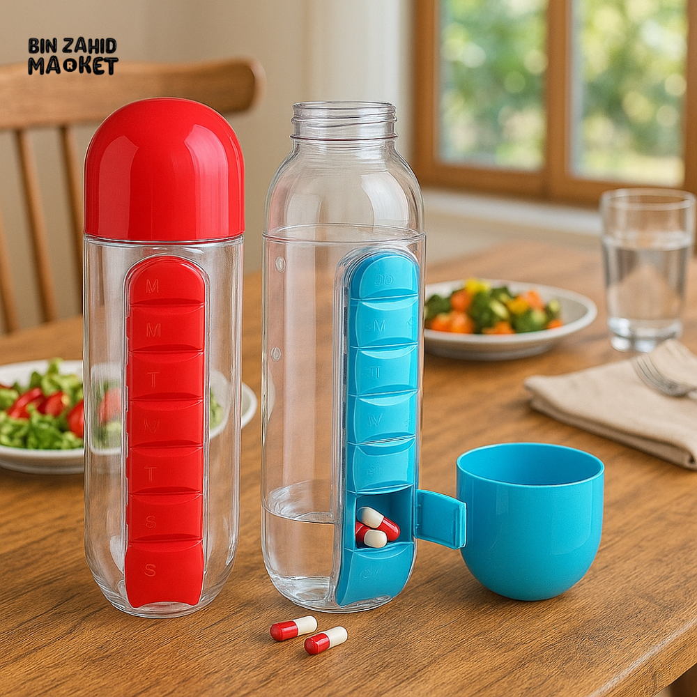 WATER BOTTLE WITH WEEKLY PILL ORGANIZER AND DETACHABLE CUP – 2 IN 1 TRAVEL MEDICINE STORAGE CONTAINER