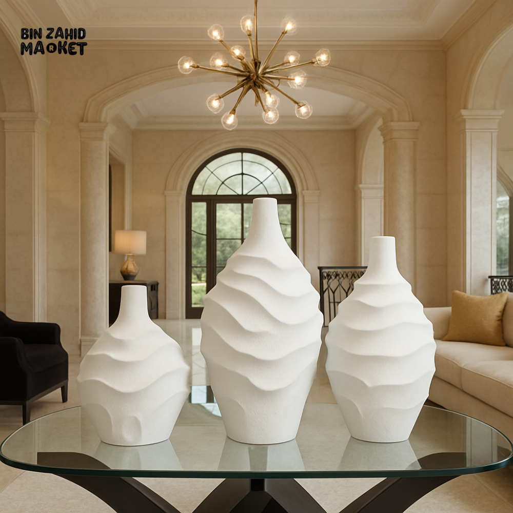 WAVE TEXTURE CERAMIC VASE SET – LUXURY WHITE DECOR