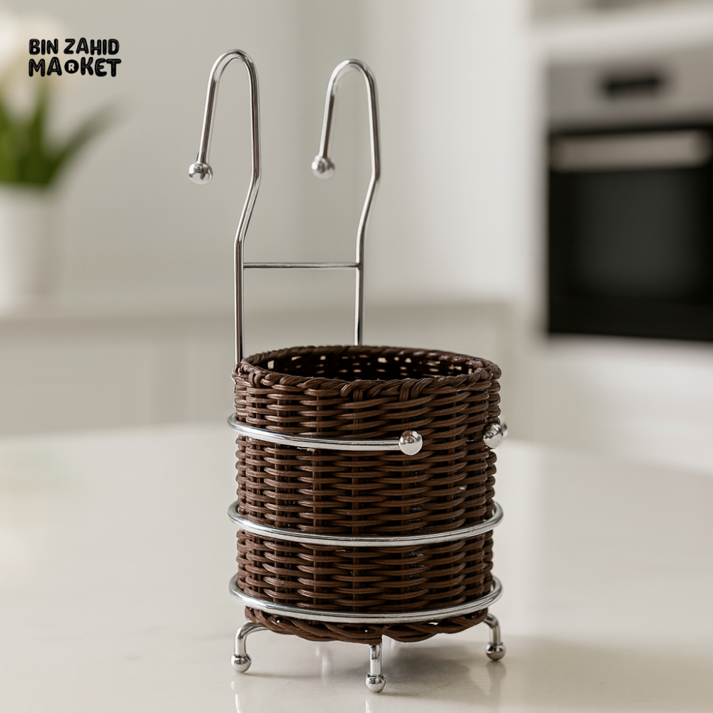 WEAVE BASKET HANGING UTENSIL CADDY – CHROME RINGS & FEET