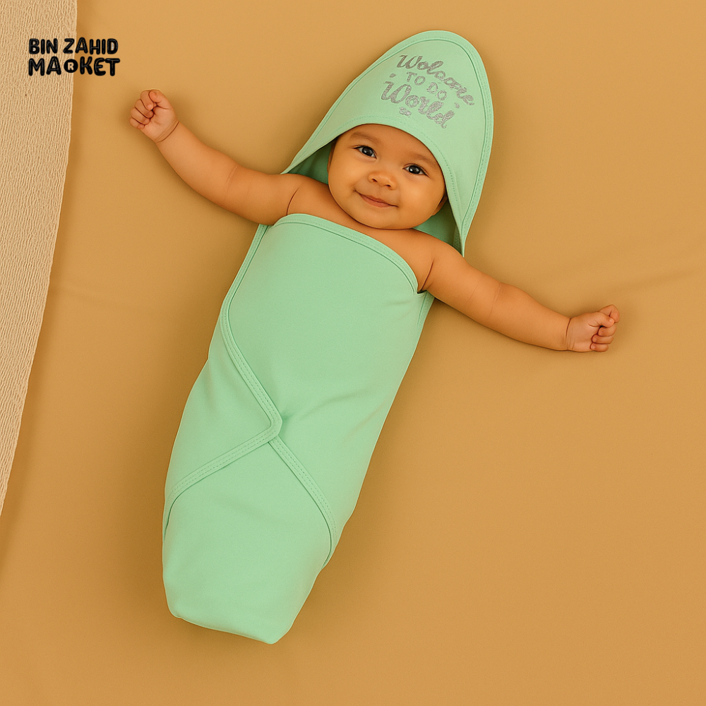 WELCOME TO THE WORLD MINT GREEN HOODED BABY WRAP – COTTON NEWBORN SWADDLE BLANKET