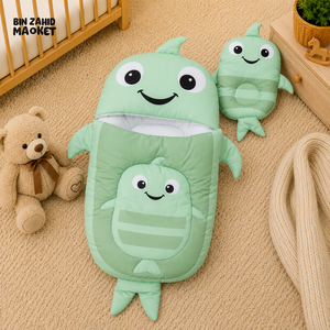 WHALE DESIGN COTTON POLYESTER BABY SLEEPING BAG WITH MATCHING PILLOW - GREEN