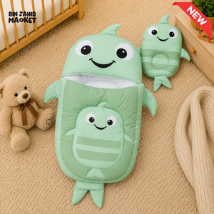 WHALE DESIGN COTTON POLYESTER BABY SLEEPING BAG WITH MATCHING PILLOW - GREEN