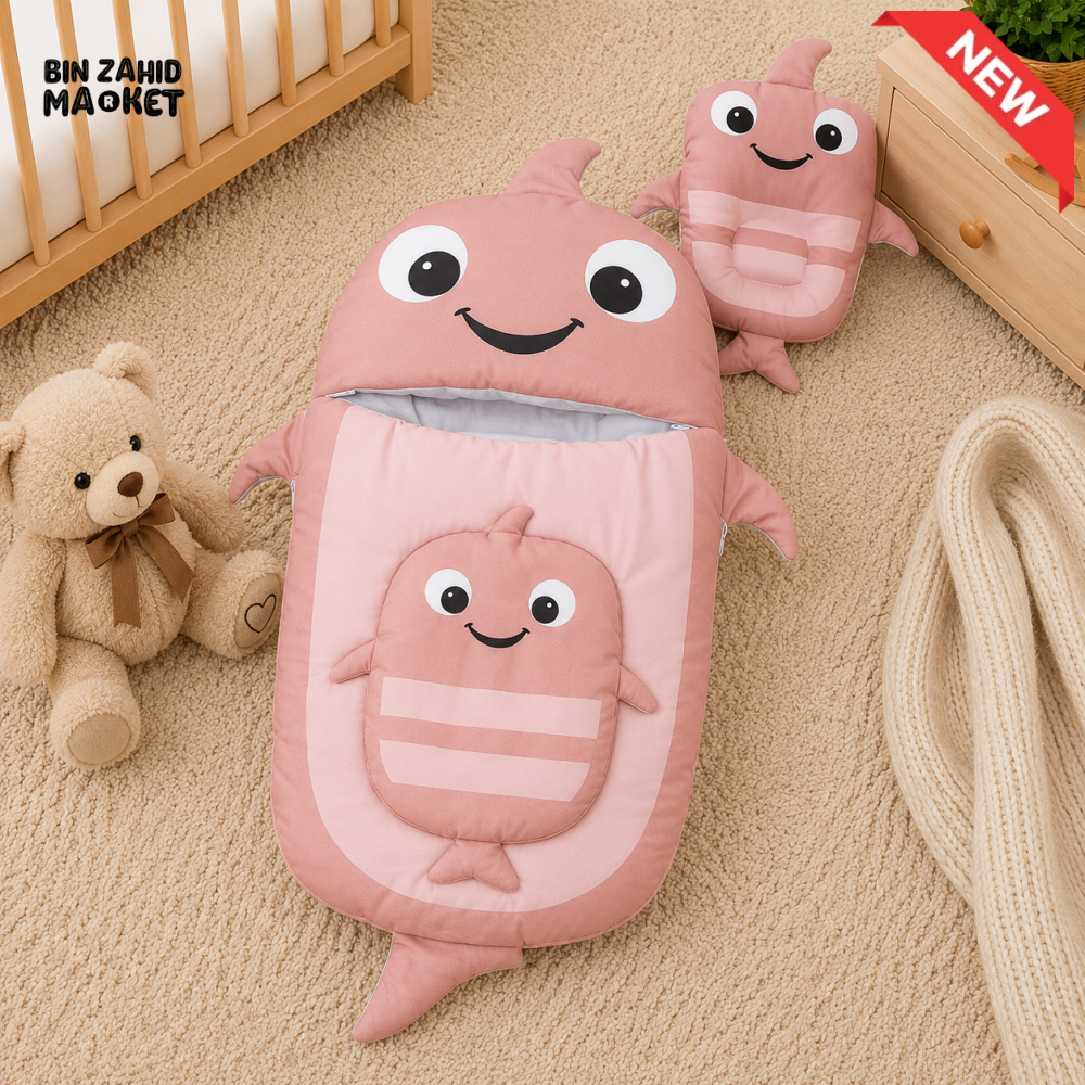 WHALE DESIGN COTTON POLYESTER BABY SLEEPING BAG WITH MATCHING PILLOW - LIGHT BROWN