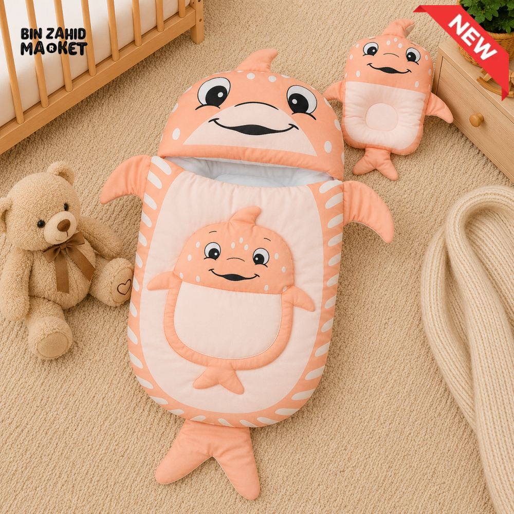 WHALE DESIGN COTTON POLYESTER BABY SLEEPING BAG WITH MATCHING PILLOW - ORANGE