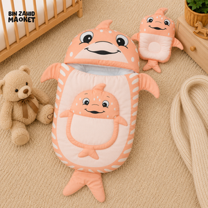 WHALE DESIGN COTTON POLYESTER BABY SLEEPING BAG WITH MATCHING PILLOW - ORANGE