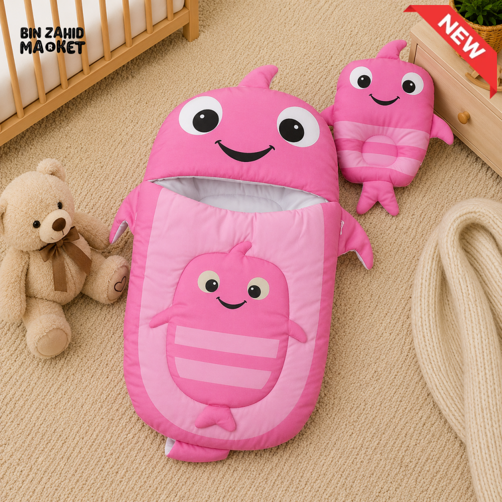 WHALE DESIGN COTTON POLYESTER BABY SLEEPING BAG WITH MATCHING PILLOW - PINK