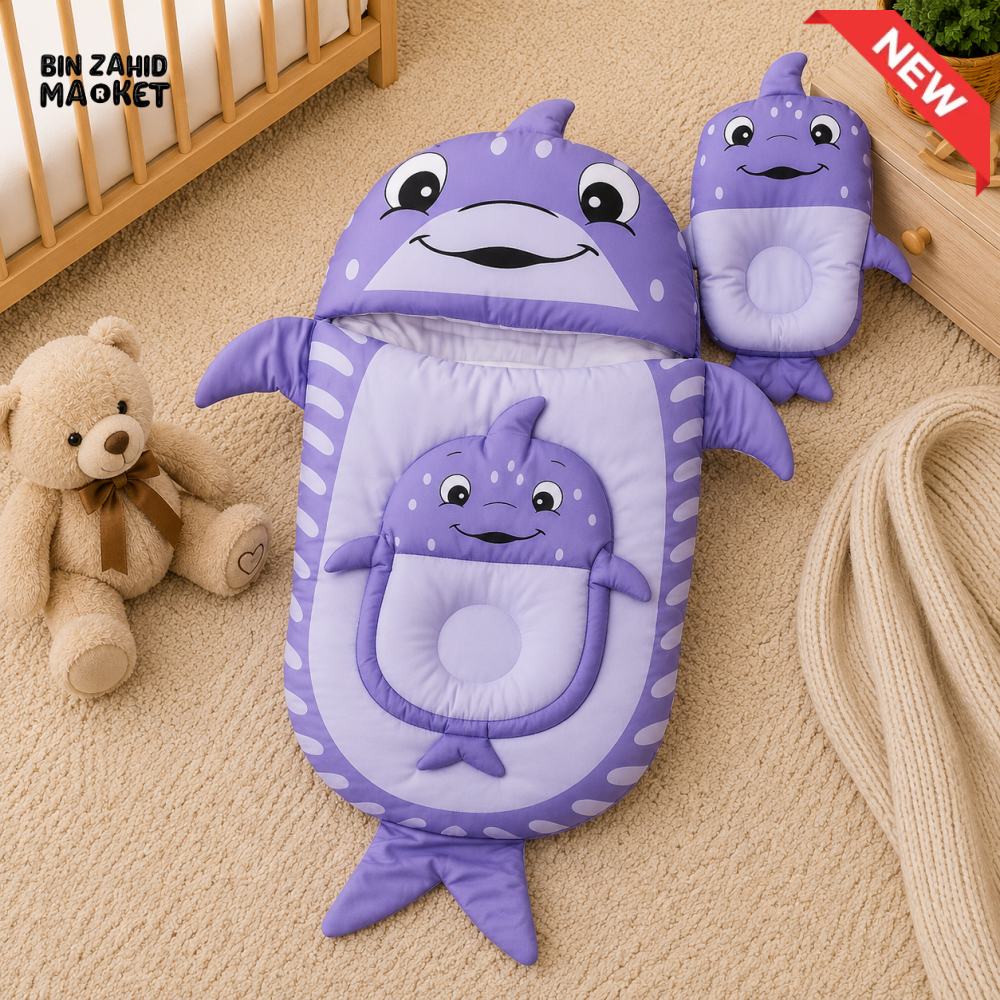 WHALE DESIGN COTTON POLYESTER BABY SLEEPING BAG WITH MATCHING PILLOW - PURPLE