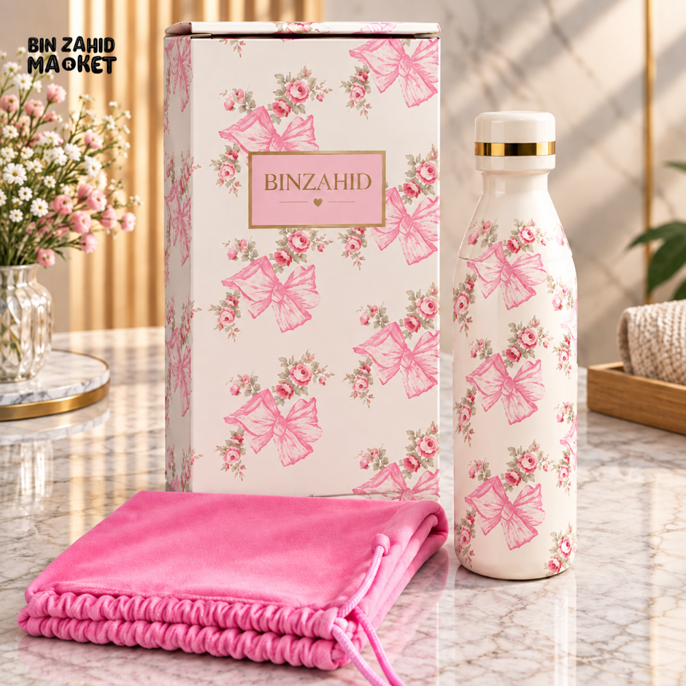 WHITE AND PINK FLORAL INSULATED WATER BOTTLE WITH GIFT BOX AND POUCH