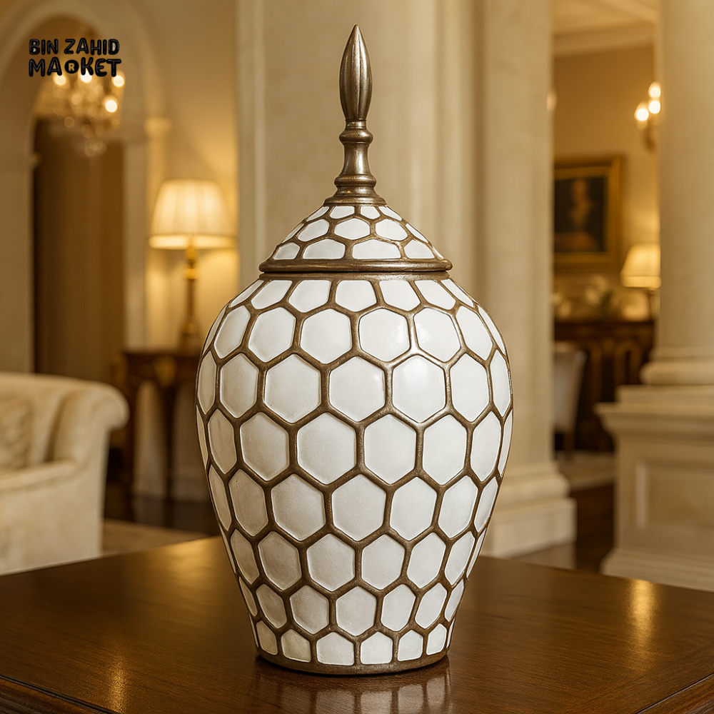 WHITE CERAMIC JAR WITH GEOMETRIC PATTERN & DECORATIVE LID – MODERN LUXURY VASE - YC-018