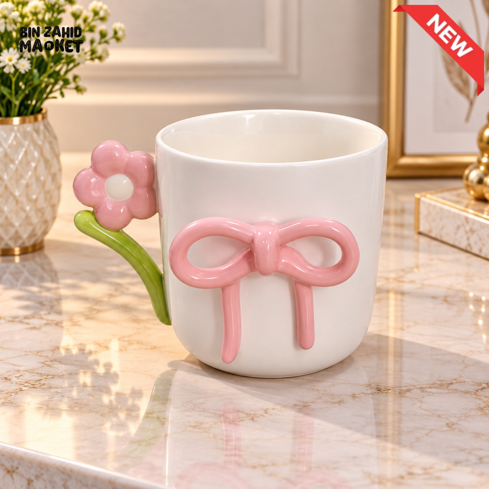 WHITE CERAMIC MUG WITH PINK BOW & FLOWER HANDLE