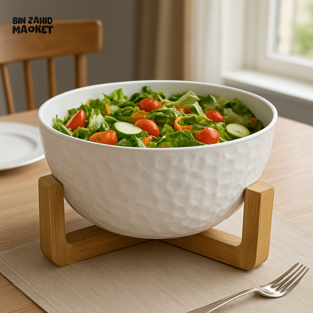 WHITE CERAMIC SALAD BOWL – MODERN TEXTURED DESIGN WITH WOODEN STAND