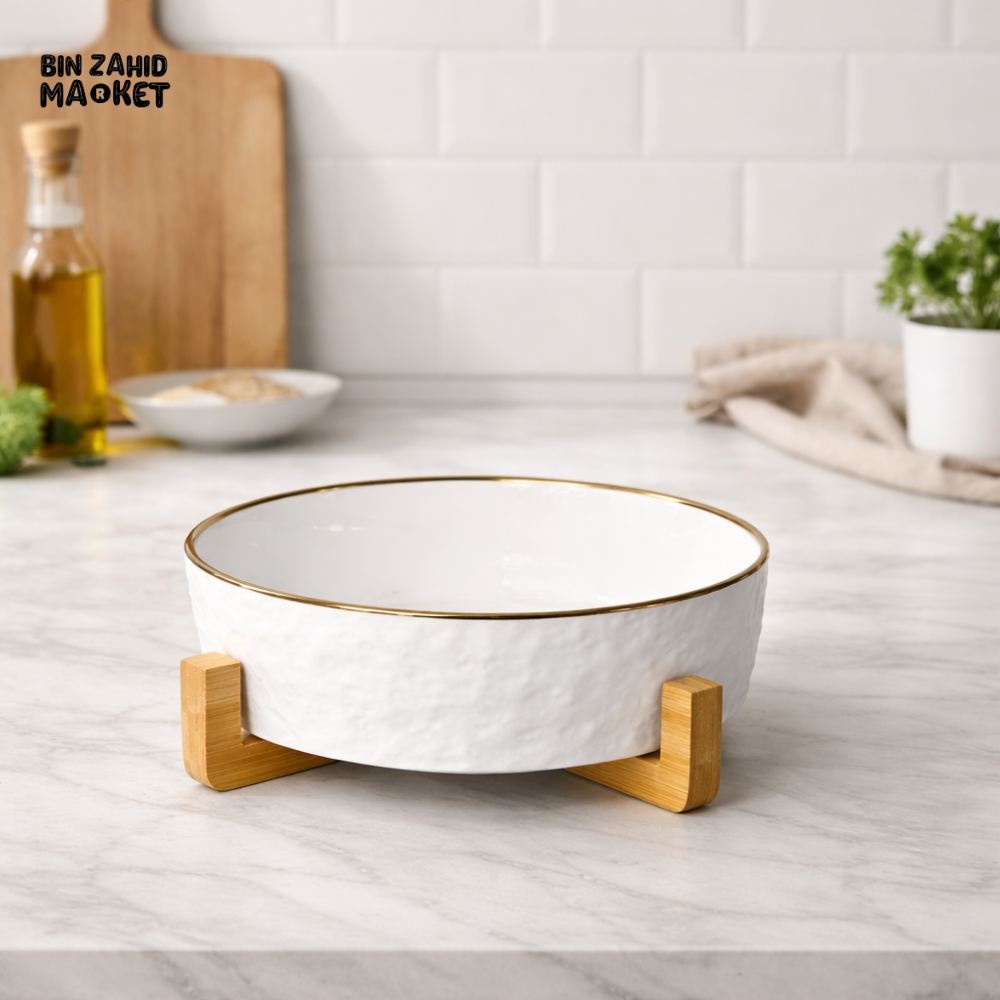 WHITE CERAMIC SALAD BOWL – MODERN TEXTURED DESIGN WITH WOODEN STAND