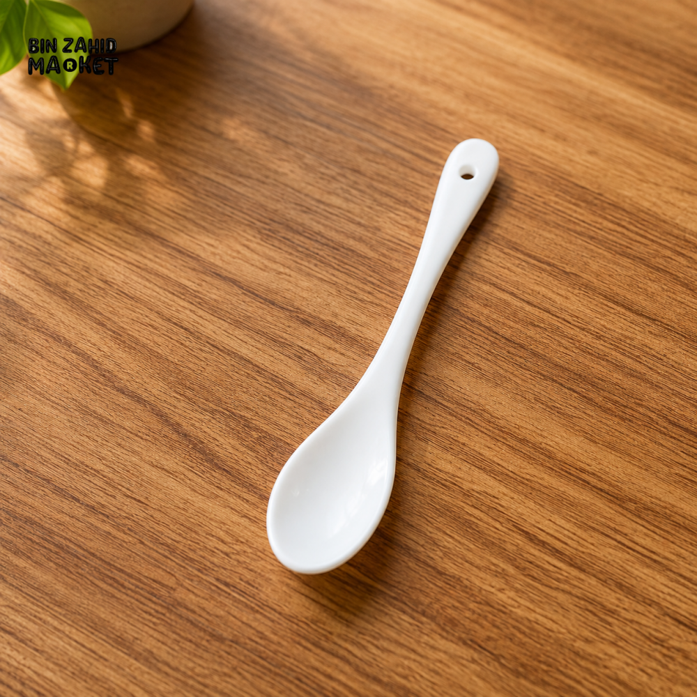WHITE CERAMIC SOUP SPOON WITH LONG HANDLE