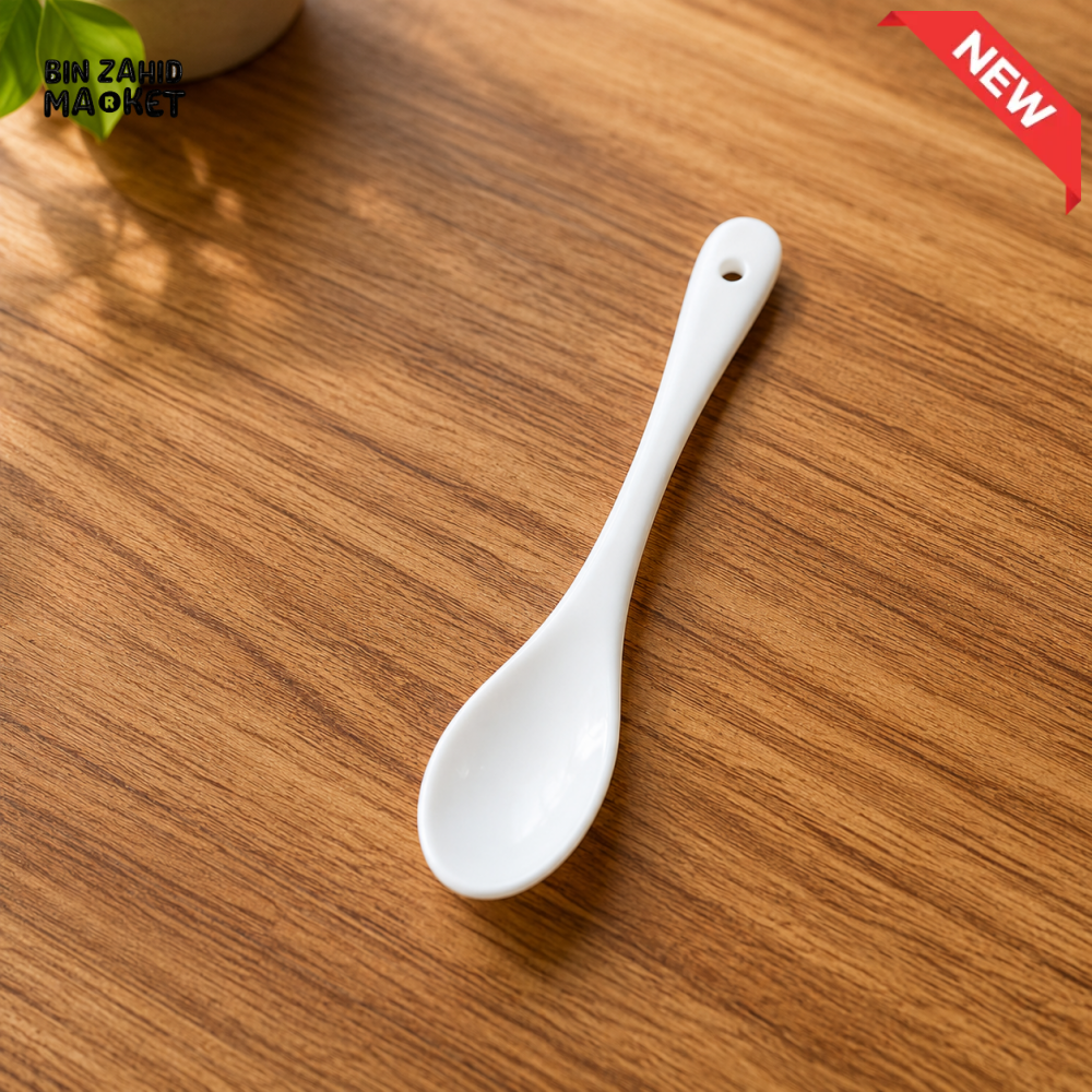 WHITE CERAMIC SOUP SPOON WITH LONG HANDLE