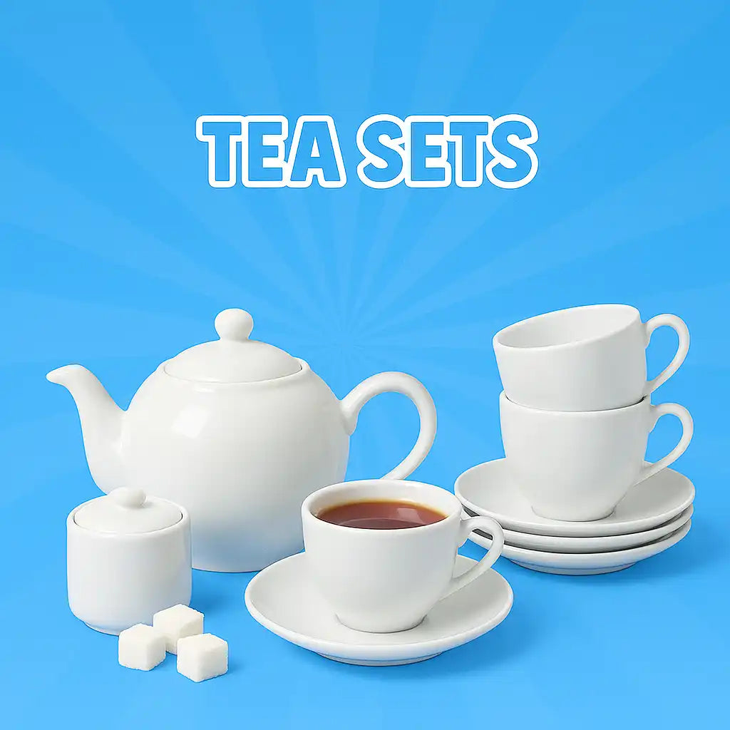 White ceramic tea set with a teapot, sugar bowl, and cups with saucers.
