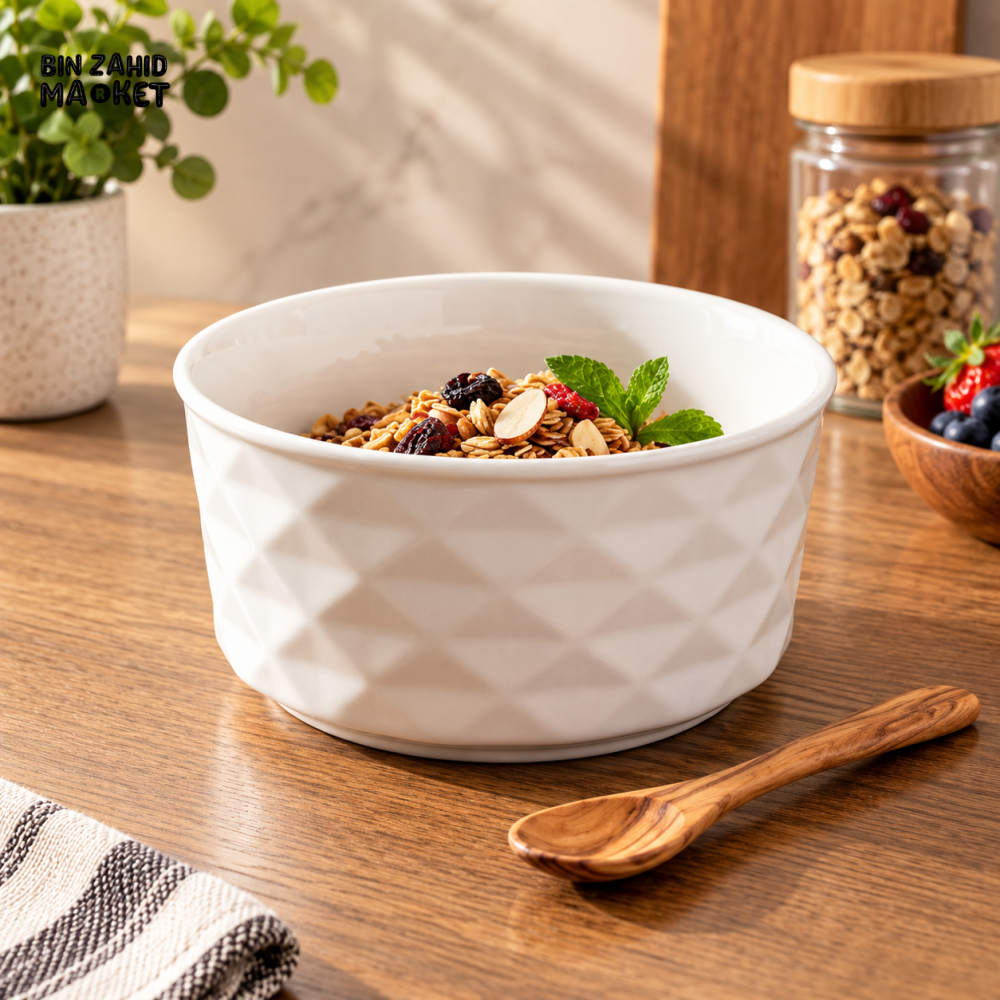 WHITE DIAMOND-TEXTURED CERAMIC SERVING BOWL