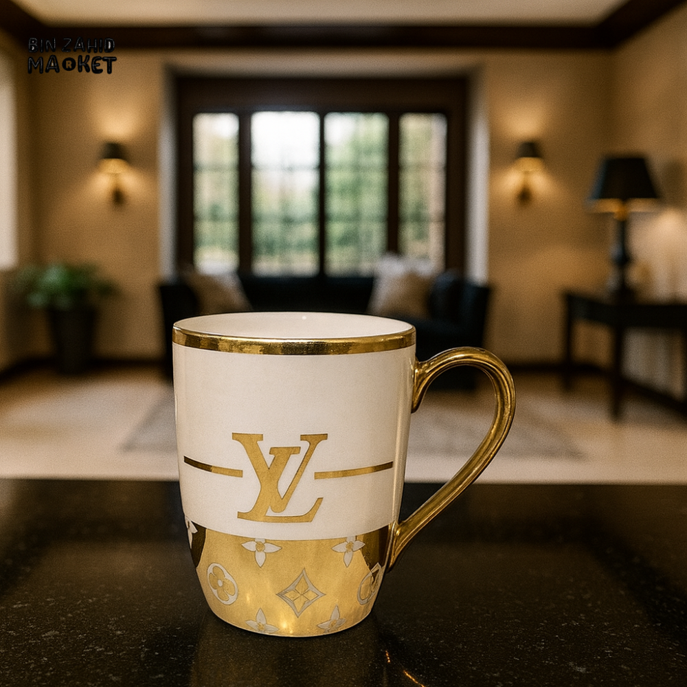 WHITE & GOLD CERAMIC MUG – MONOGRAM DESIGN COFFEE