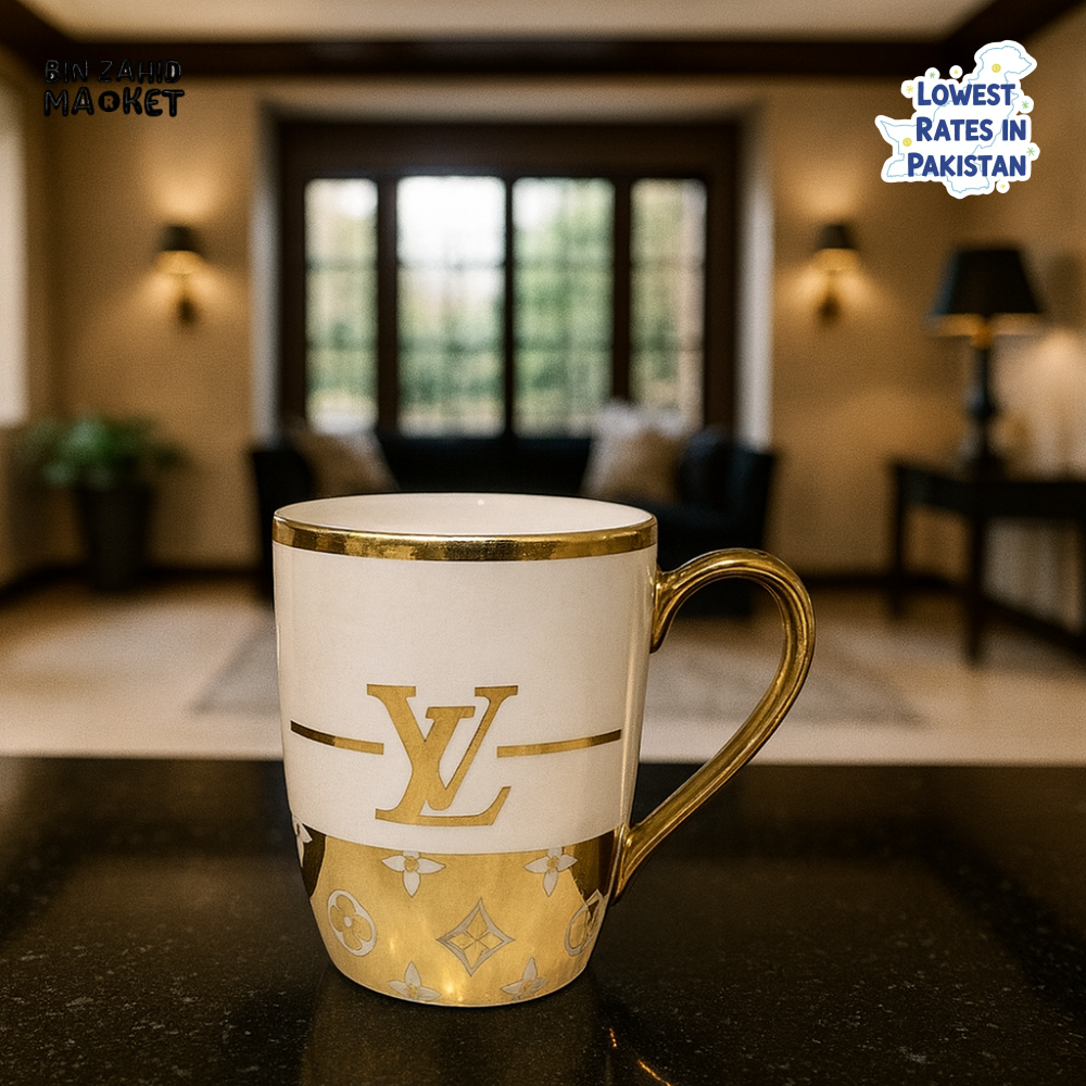 WHITE & GOLD CERAMIC MUG – MONOGRAM DESIGN COFFEE