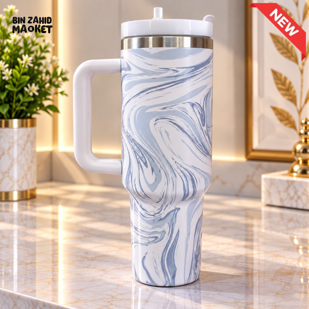 WHITE & GREY MARBLE STAINLESS STEEL INSULATED TRAVEL TUMBLER WITH HANDLE 40OZ