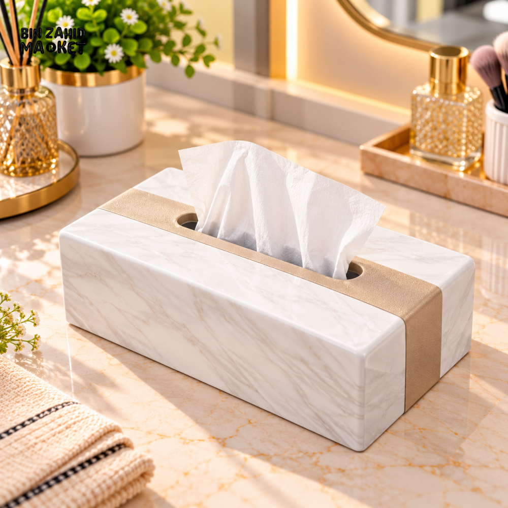 WHITE MARBLE LOOK TISSUE BOX WITH BEIGE ACCENT STRIP - Tissue Boxes