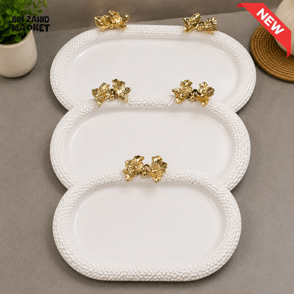 WHITE OVAL SERVING TRAY SET WITH GOLD FLORAL ACCENTS - 3 PIECE SET