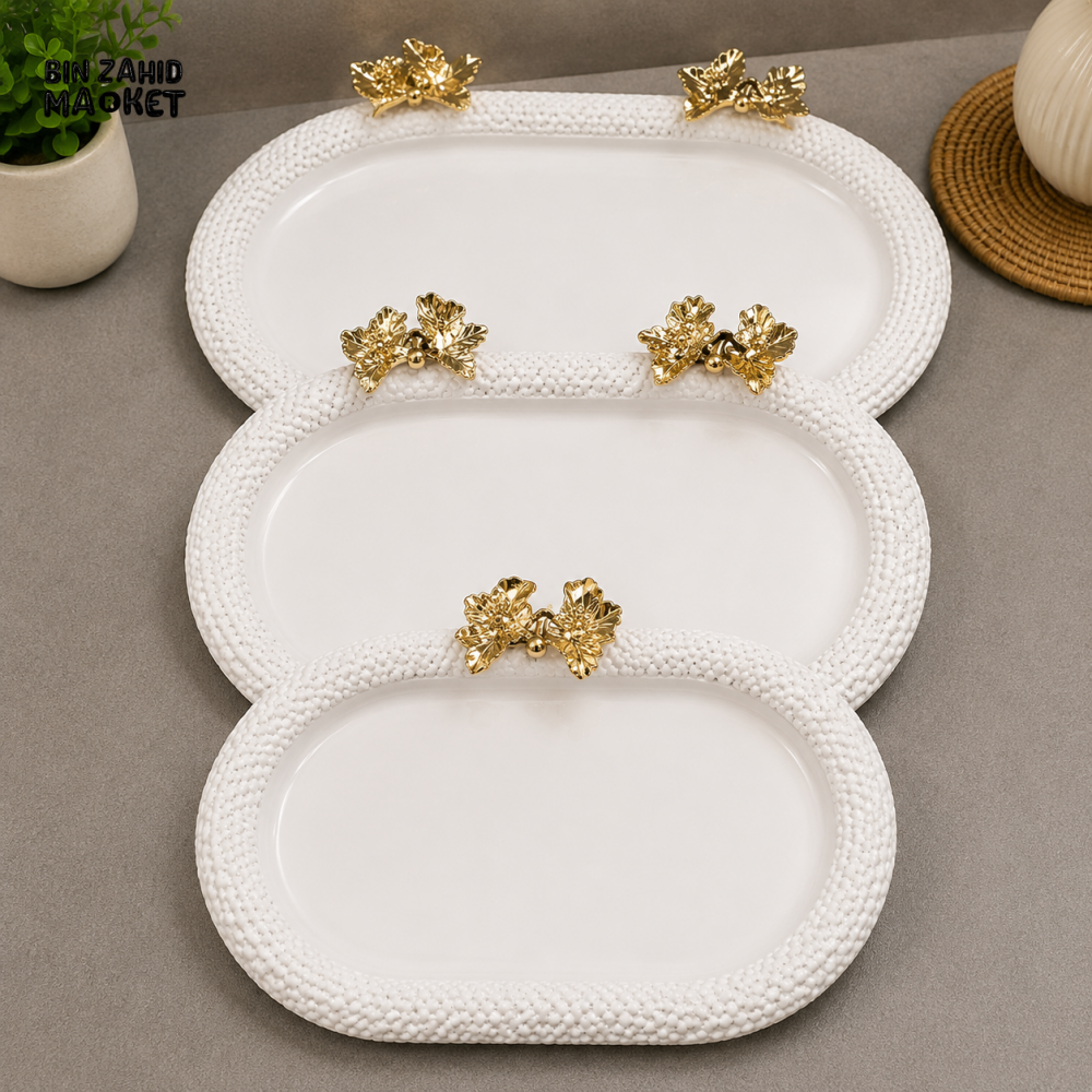 WHITE OVAL SERVING TRAY SET WITH GOLD FLORAL ACCENTS - 3 PIECE SET