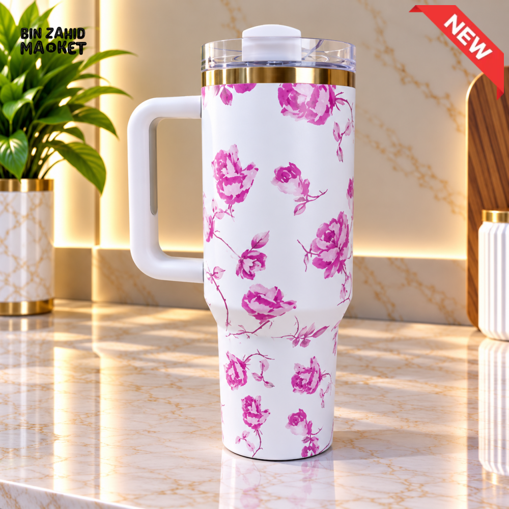 WHITE & PINK FLORAL STAINLESS STEEL INSULATED TRAVEL TUMBLER WITH HANDLE 40OZ